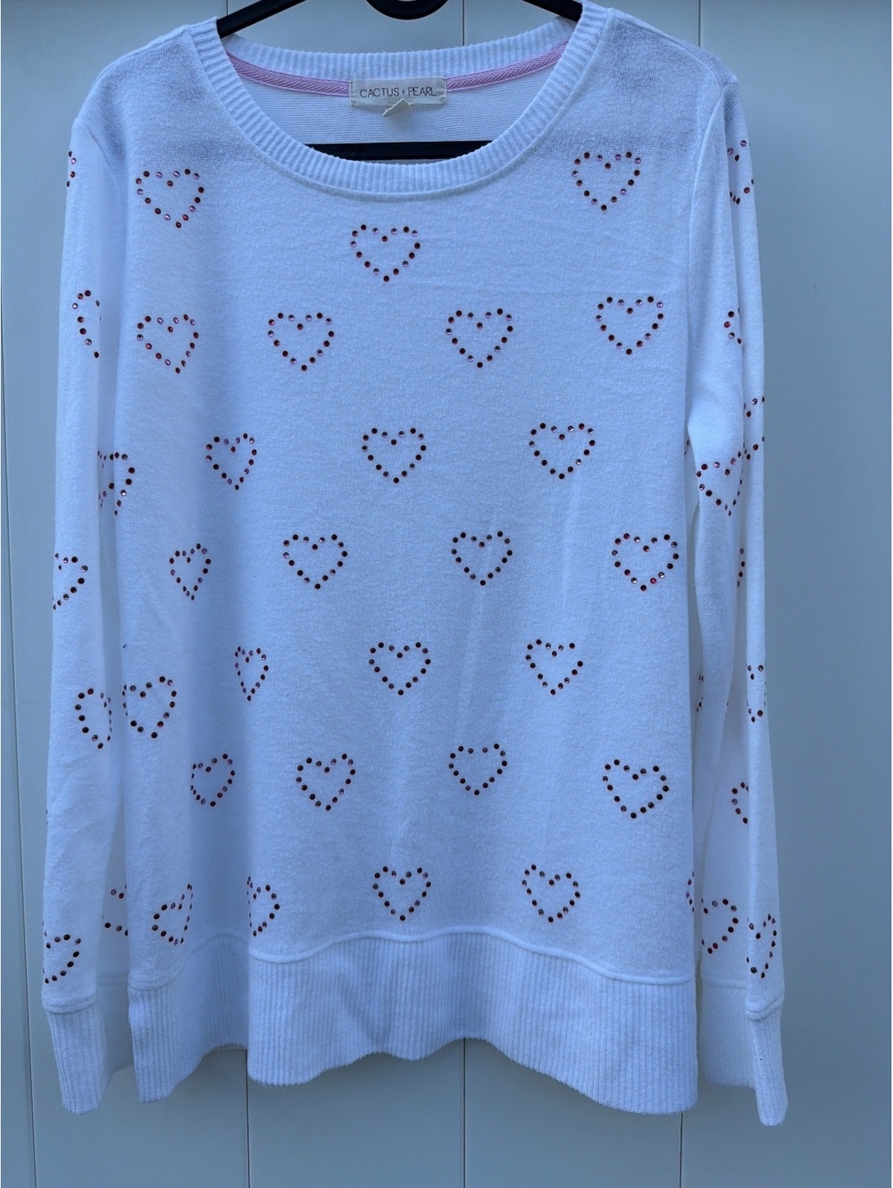 Cactus + Pearl Women's Size M White Heart Stud Crew Neck Knit Sweater